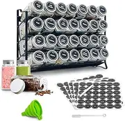 Spice Rack Organizer for Cabinet,4-Tier Spice Rack with 28 Glass Spice Jars,Labels,Chalk Marker and Funnel for Cabinet,Countertop, Pantry,Cupboard,Door or Wall Mount in Kitchen