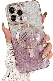 ELEPIK for iPhone 13 Pro Max Case with Camera Protector, [Full Camera Cover Protection] [Compatible with MagSafe] [Love Heart Plating] [Glitter Bling Plating] Clear Magnetic Slim Phone Case, Pink
