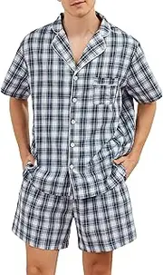 [Marvmys] Mens 100% Cotton Pajama Set Sleepwear Short Sleeve Pj Set Button Down Lounge Set Plaid Pajamas S-3XL