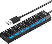 Powered USB Hub, Multiport Data Transfer, Compact Anti-Slip USB Hub with Independent Button for Remote Work Game Setup Studio Travel Classroom Co-Working Space Photography Video