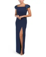 AIDAN AIDAN MATTOX Off The Shoulder Satin Bow Gown With Front Slit (size 16)