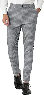 [Lars Amadeus] Men's Business Pants Checked Printed Slim Fit Flat Front Plaid Dress Trousers