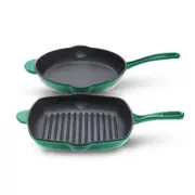 Gourmet Kitchen Cast Iron Fry Pan and Grill Pan 2 Piece Set Eden Green