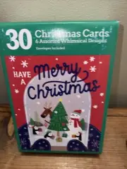 Christmas Cards, Box Of 30, 6 Assorted Whimsical Designs, W Envelopes NEW