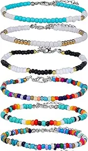 [QttvbTna] 6 Pcs Handmade Beaded Anklets, Colorful Bohemian Glass Beads Ankle Wrap Bracelets String for Women Adjustable Elastic Thread Gifts for Women Girls Ladies, glass beads and thread of fish tape