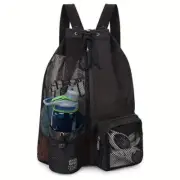 Black Mesh Drawstring Swim Backpack with Wet Bag - Durable Beach Gym Bag for Wet