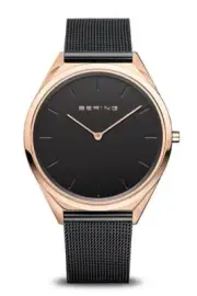 Bering Ultra Slim Polished Rose Gold Black Mesh Watch 17039-166