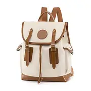 Women's Vintage Faux Leather Trim Backpack - Waterproof Canvas Preppy School Bag with Drawstring Closure for Teenage Girls, Students and Daily Use