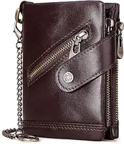 [gzcz] Mens Wallet with Chain RFID Blocking Genuine Leather Bifold Purse for Men with ID Window and Zip Coin Pocket, coffee1, medium, Rfid Wallet