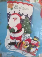 Vtg Bucilla SANTA & SNOW BABIES Felt Applique Stocking Kit 18" #83116 NOS sled