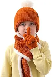 Tainrunse Kids Beanie with Pom Knitted 3pcs/Set Hat Gloves Scarf Thickened Plush Lining Outdoor Windproof Warm Winter Children Pompom Full Finger Orange