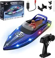 Snorthy Remote Control Boat with LED Light 2.4 GHz RC Boat for Children 15 km/h Rechargeable 1200 mAh Speedboat Racing Boats for Pools, Lakes, Seas Water Toy Gifts for Boys Girls Children