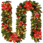 Catzon 2.7M Christmas Garland with Lights Rattan Artificial Garland Green for Indoor Home Fireplace Stair Decorations-Red