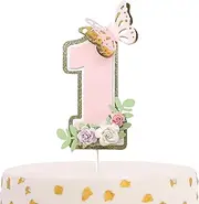Floral 1st Birthday Cake Topper - Girls First Birthday Party Decorations, Flower Number 1 Cake Topper, Floral Butterfly Baby Shower Cake Decoration, One Pink Cake Topper With Flowers