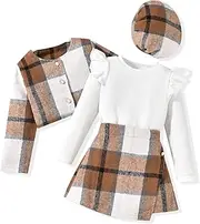 [HINTINA] Toddler Girl 4 Pieces Outfits Ruffles Long Sleeve Tops Plaid Shorts Skirt Jacket And Hat Fall Winter Clothes Set