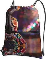 EdWal Flowers Guitar Print Drawstring Backpack Gym Bags Sports Bags With Zipper Pocket For Travel Beach, Black, One Size