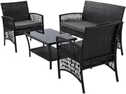 Gardeon 4PCS Outdoor Sofa Set with Storage Cover Wicker Harp Chair Table Black