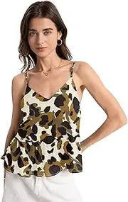 [ODAWA] Leopard Print Spots Adjustable Spaghetti Top Spaghetti Strap V Neck Sleeveless Chiffon Tops Women Summer Cami Peplum Blouse