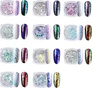 FantasyDay Chrome Nail Glitter Powder 11 Colors, Nail Glitter Sequins Holographic Chameleon Shimmer Nail Art Decoration Fairy Dust Glitter for Nails - Home Nail Salon