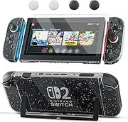 PAWDIARY Clear Switch 2 Accessories Case, Glitter PC Switch 2 Dockable Cover for New Switch 2025 Console & Controller Grip with HD Screen Protector and 4 Thump Caps, Sparkle Hardshell Skin Kit