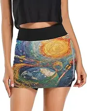 [RPLIFE] Painting Earth Rockets Ship Blue Womens Athletic Skirt, Womens Mini Skirts High Waisted, Skirt with Shorts