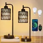 Boho Table Lamps Set of 2 with LED Bulbs, Rattan Bedside 2 Pack Rattan-Black