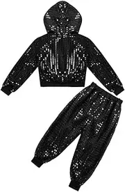 [Sxiwei] Boys Girls Sequins Hip hop Jazz Costume Jazz Street Dance Hooded Tops with Pants