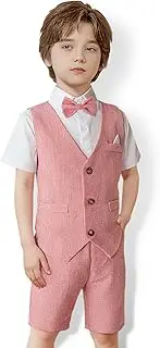 [Yilaku] Boys Suit Touddler Summer Short Shirt Little Gentlemen Suit with Vest + Pants + Shirt + Bowtie 4-Piece Tuxedo Outfits