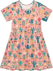[FRODOTGV] Exotic Cactus Pink Girls Princess Dresses Short Sleeve Fashion Mini Dress for Girls, Exotic Cactus Pink, 7-8 Years