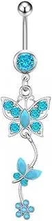 [Niaspi] Butterfly Turquoise Belly Button Barbell Ring for Women Silver Plated Shiny Flower Butterflies Navel Piercing Banana Bells Boho Elegant Crystal Blue Birthstone Dangling Belly Bar Body Jewelry Gifts,
