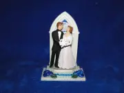 New Handmade Bride & Groom Wedding chapel window cake topper in blue