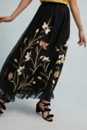 Anthropologie Flounced Maxi Skirt Floral Mix Print Black Green Ruffle Hem 6 NWT
