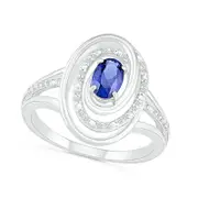 Oval Blue Lab-Created Sapphire and 0.07 CT. T.W. Diamond Swirl Frame Triple Row Split Shank Ring in Sterling Silver