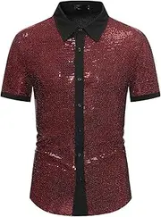 [Generic] Sequins Shirts for Men's Short Sleeves Party Sparkly Metallic Shirt