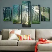 Beautiful Sunrise Sun Rays In Tree Forest Framed 5 Piece Canvas Wall Art