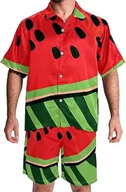 [KQNZT] Mens Hawaiian Sets, 2 Piece Set for Men, Men Vacation Outfits, Watermelon Hello August, Mens Matching Shirt and Shorts Set