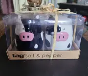 TAG New In Box Black And White Cows Salt And Pepper Shakers 3”