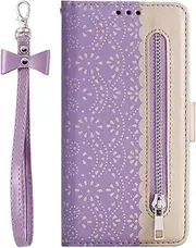 DMaos for iPhone 12 Pro Max Wallet Case for Women, Lace Synthetic Leather Cover with Cute Bow Wrist Strap, Girly for iPhone12 Pro Max 2020 6.7 Inch - Purple