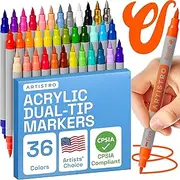 ARTISTRO Dual Tip Acrylic Paint Markers - Easy for All Ages & Levels Acrylic Paint Pens for Fabric, Rocks, Paper, Wood, Canvas, Glass, DIY (Dual Tip Brush + Fine, 36)