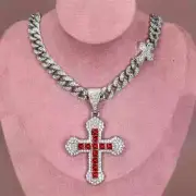 SILVER PLATED LARGE CROSS CZ RELIGIOUS PENDANT 20" CUBAN CHAIN HIP HOP NECKLACE