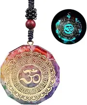 [Day Day Up] Orgonite Pendant Om Symbol Luminous Necklace Chakra Healing Energy Necklace Meditation Jewelry 1.38 inch, Crystal, Agate