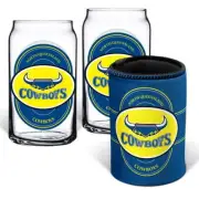 North QLD Queensland Cowboys NRL Set of 2 Can Shaped Glasses and Can Cooler G...