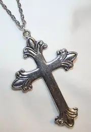 Shiny Silvertone Flower Bud Mid-Sized Cross Necklace