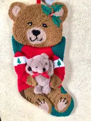 Vintage 3D Teddy Bear SUPER Plush Quilted Christmas Stocking 20" New NWT Velvet
