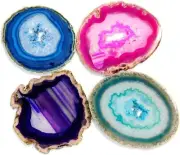 Artisanal 4-5 Inch Dyed Agate Slices - 4-Piece Natural Coaster Set with Bumpers