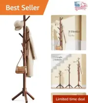 Sleek Wooden Coat Rack with 8 Storage Hooks - Easy Assembly and Stable Base