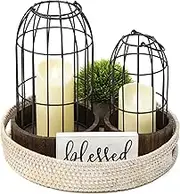 Perfnique Decorative Candle Lantern, Set of 2 Farmhouse Table Lanterns for Home Decor, Rustic Table Centerpieces for Dining Room, Fireplace Mantle Kitchen Decoration (Walnut)