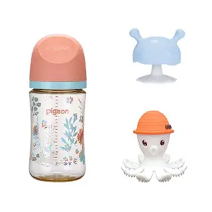 【Pigeon 貝親】mombella 第三代PPSU奶瓶240ml+Q比小魔菇+章魚固齒器(PPSU奶瓶 寬口 吸附線 固齒器 長牙)