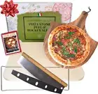 Pizza Stone for Oven and Grill with Wooden Pizza Peel Paddle & Pizza Cutter Set