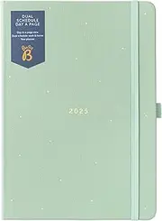 Busy B 2025 Dual Schedule Diary - A5 Sage Green Daily Planner with Two Schedules, Faux Leather Cover & Gold Foil - Work-Life Balance Organiser for Busy Professionals - Jan to Dec 2025 Diary